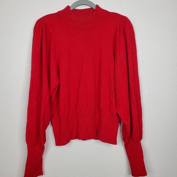 Express sweater puffed sleeves red mock neck ribbed trim crop body womens L - Picture 1 of 12